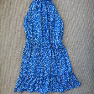 Blue Floral Halter Dress Small Tiered Ruffle Summer Dress